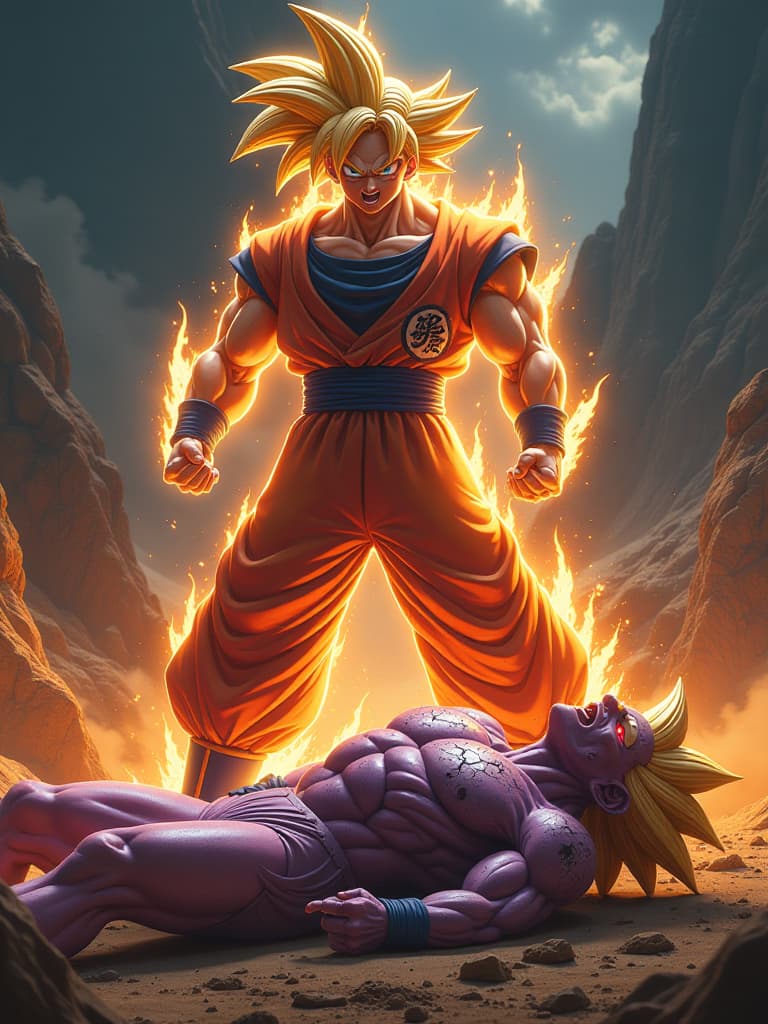  result: the image portrays goku standing over a defeated frieza, who lies on the ground, gasping for breath. goku, glowing with energy, has a confident smile, showcasing his victory. frieza appears shocked and beaten, with cracks visible on his body. the dramatic background highlights the intensity of their fight and goku's triumph. hyperrealistic, full body, detailed clothing, highly detailed, cinematic lighting, stunningly beautiful, intricate, sharp focus, f/1. 8, 85mm, (centered image composition), (professionally color graded), ((bright soft diffused light)), volumetric fog, trending on instagram, trending on tumblr, HDR 4K, 8K