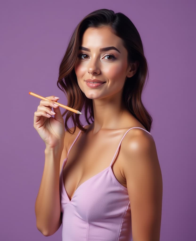  hdr photo of a beautiful woman in a light dress, a model, makeup, holding a small pencil on a dark lilac background . high dynamic range, vivid, rich details, clear shadows and highlights, realistic, intense, enhanced contrast, highly detailed