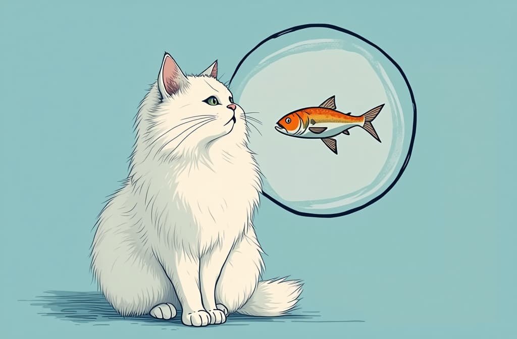  photo fluffy white cat , sitting on left side, (right side is empty for text), big cartoon drawn circle with fish inside circle flying near cat head, blue pastel solid background ar 3:2 {prompt}, maximum details