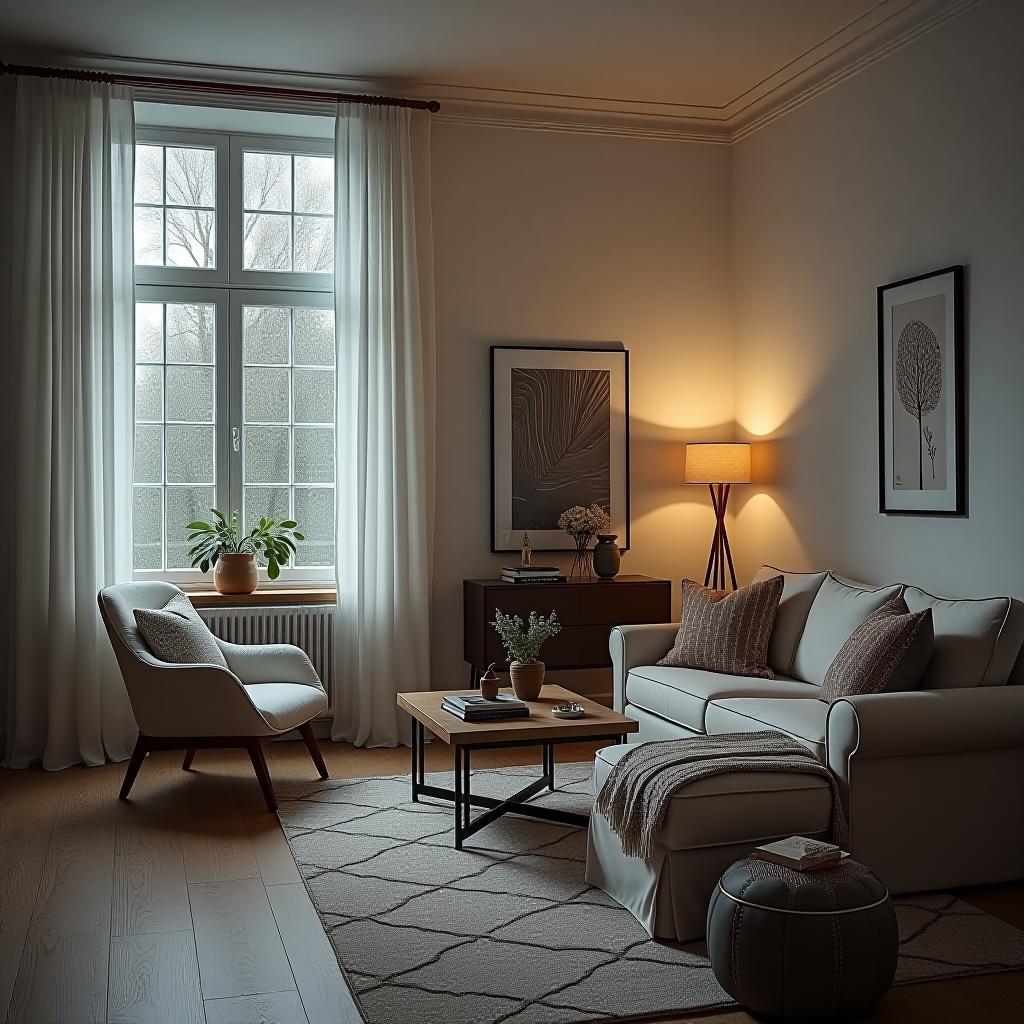  scandinavian style living room hyperrealistic, full body, detailed clothing, highly detailed, cinematic lighting, stunningly beautiful, intricate, sharp focus, f/1. 8, 85mm, (centered image composition), (professionally color graded), ((bright soft diffused light)), volumetric fog, trending on instagram, trending on tumblr, HDR 4K, 8K