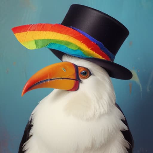 Rainbow drag queen cowboy top hat and headdress tuxedo with spurs toucan Elizabethan collar wand paraso in the Van Gogh style in the style of kids' crayon art