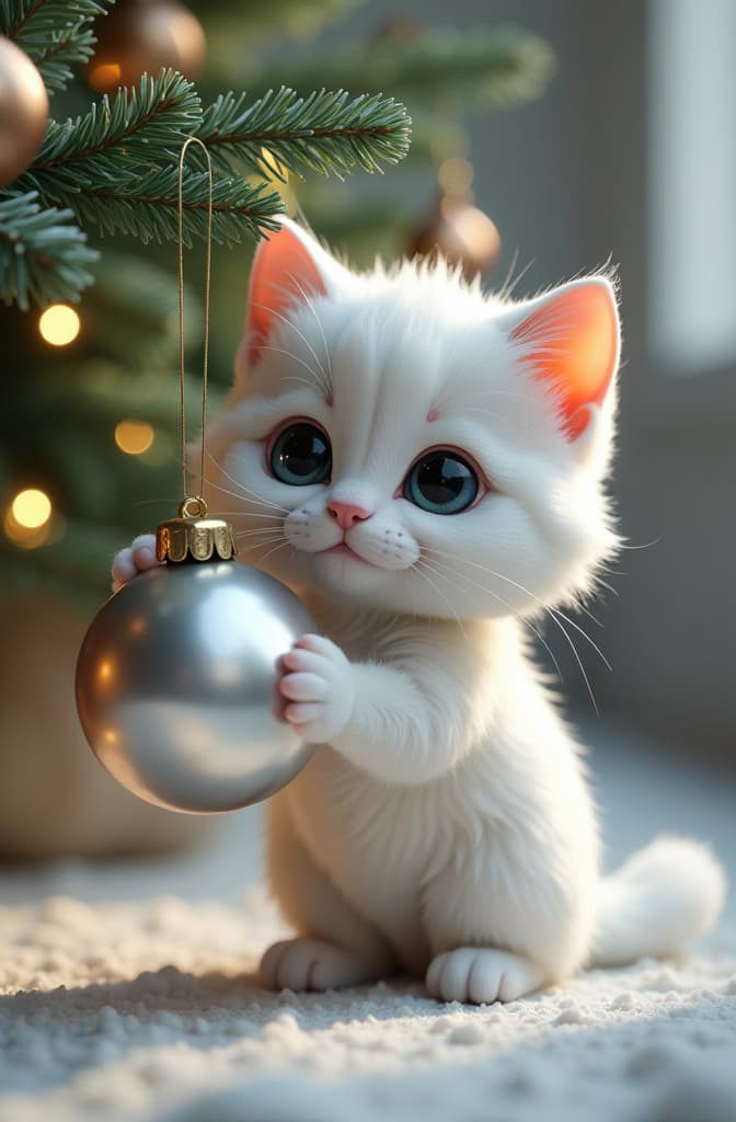  big head, big eyes, caricature, a caricature, rendering, (figurativism:0.8), a small white fluffy kitten plays with a silver christmas tree ball hanging on a branch of a christmas tree. ar 2:3, epic realistic, pixar style, disney, (cycles render:1.3), caustics, (glossy:0.58), (artstation:0.2), cute