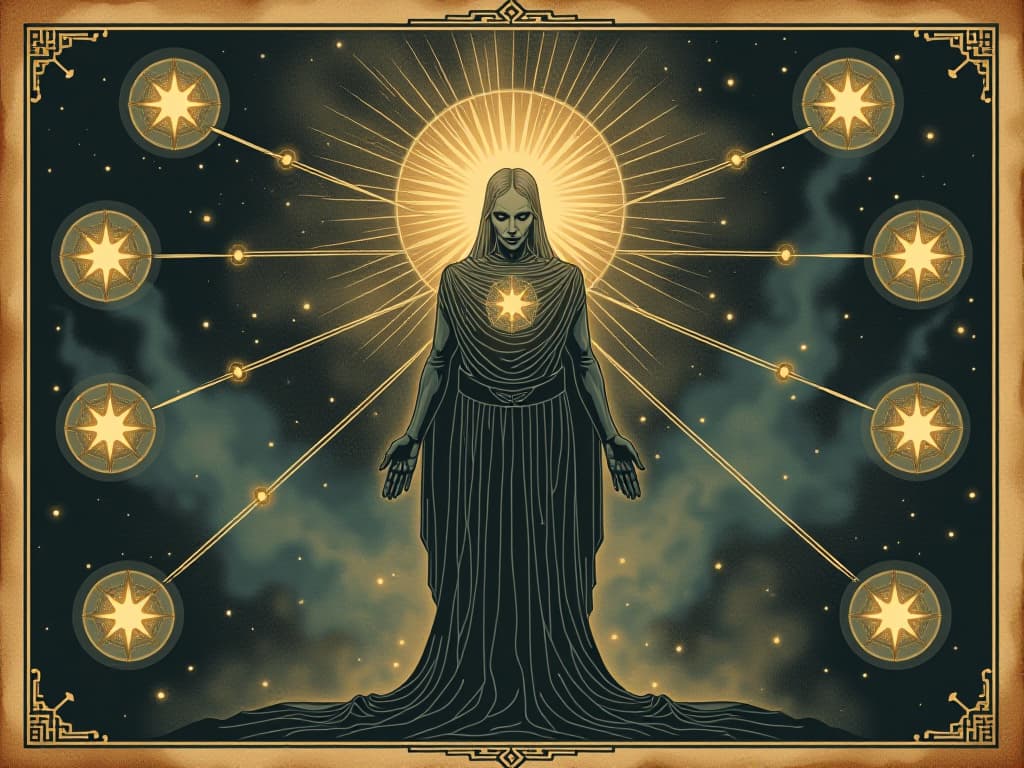  a figure with a radiant aura, surrounded by interconnected nodes of light, cosmic background with nebulae and stars, emanating energy, prepared, connected. an illustration in the style of a worn, mystical old tarot trump card, mysterious and elements of surrealism. the colors are muted, somber and eerie, but with contrast bring out an occult and esoteric vibe.