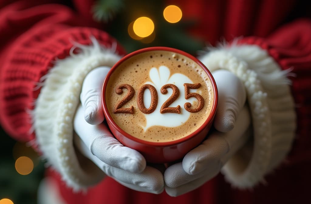  santa's hands in white gloves holding cappuccino top view with numbers 2025 made of cinnamon and lights in the background {prompt}, maximum details