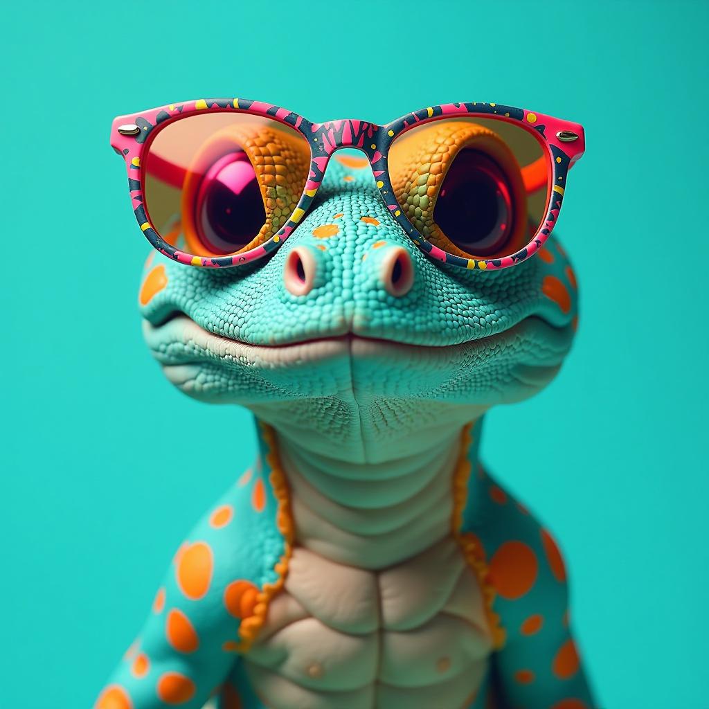  gila monster on turquoise background wearing colourful sunglasses, high quality, high details, hd, perfect composition, 4k epic detailed, highly detailed, sharp focus, high resolution