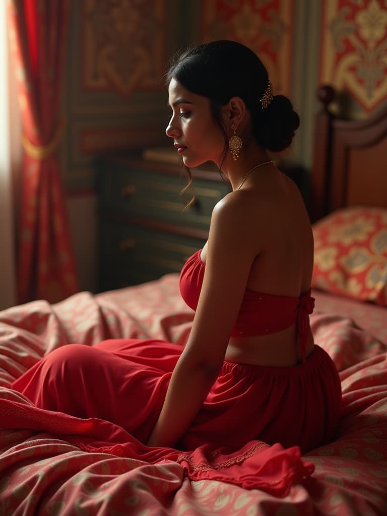  beautiful naked indian shy girl on her first wedding bed waiting for her husband, beautiful red hyperrealistic, full body, detailed clothing, highly detailed, cinematic lighting, stunningly beautiful, intricate, sharp focus, f/1. 8, 85mm, (centered image composition), (professionally color graded), ((bright soft diffused light)), volumetric fog, trending on instagram, trending on tumblr, HDR 4K, 8K