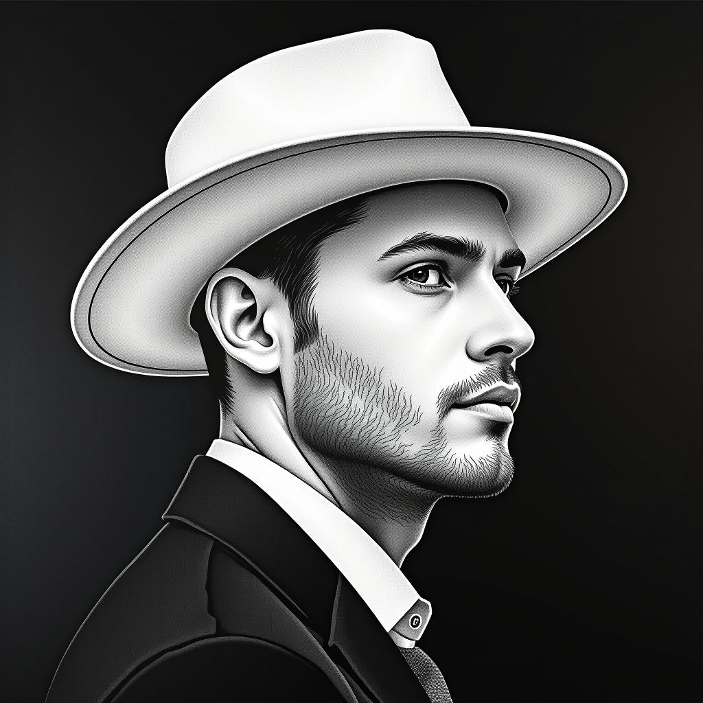  line art drawing close up of an unshaven man in a white hat, on a dark background, vector graphics, author kuno weber, computer graphics on trend, digital art, laurie earley, elegant oil painting, compressed lips, stunning, 1024 pixel profile photo, glamorous . professional, sleek, modern, minimalist, graphic, line art, vector graphics hyperrealistic, full body, detailed clothing, highly detailed, cinematic lighting, stunningly beautiful, intricate, sharp focus, f/1. 8, 85mm, (centered image composition), (professionally color graded), ((bright soft diffused light)), volumetric fog, trending on instagram, trending on tumblr, HDR 4K, 8K