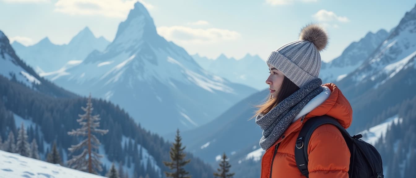  an individual warmly dressed in winter attire, including a beanie and scarf, stands amidst a stunning snowy mountain landscape, capturing the essence of a serene and cold environment, high quality, high details, hd, perfect composition, 4k epic detailed, highly detailed, sharp focus, high resolution