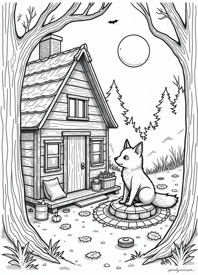  centered black and white high contrast line drawing, coloring book style,coloring book page a cozy and spooky scene featuring a small cabin in the woods, lit by the soft glow of the full moon. inside the cabin, willow the charming fox sits by a crackling fire, surrounded by soft cushions and wooden furniture. books, candles, and cups of tea are scattered around the room. the atmosphere is warm and cozy, with shadows cast by the firelight on the rustic wooden walls. outside, fallen leaves swirl in the autumn breeze. the scene exudes an eerie yet comforting feel., monochrome, blank white background