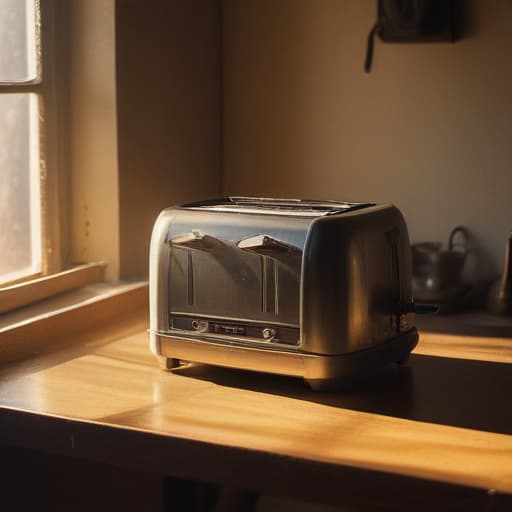 A photo of a vintage toaster being meticulously polished in a cozy workshop during early morning with warm, golden sunlight streaming through a nearby window, casting soft shadows across the worn table.