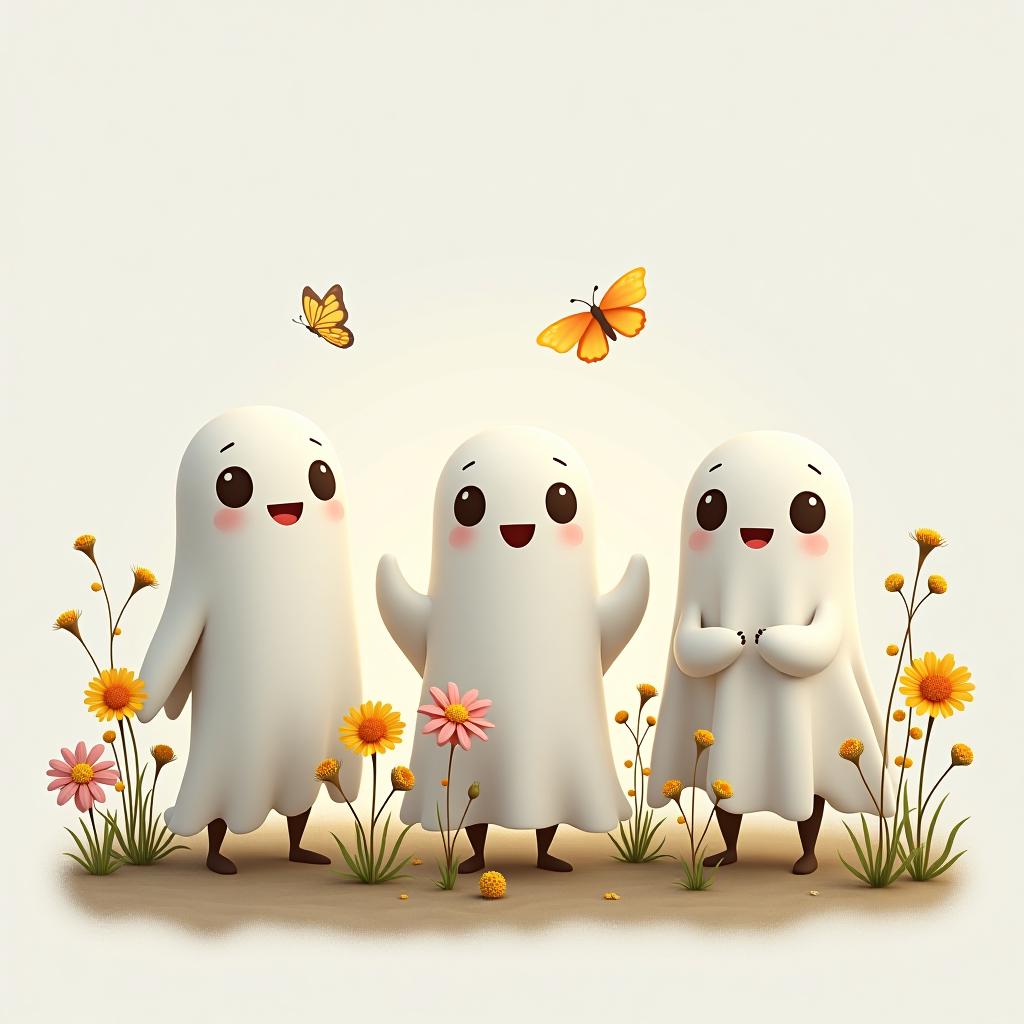  create a tshirt design featuring a row of three cute, cartoonish ghost characters, each with a different appearance, standing in different positions within sparse, life like wildflowers. each ghost should have a unique expression or pose, with the flowers minimally surrounding them. the background should be transparent, complementing the realistic wildflower elements and enhancing the overall cheerful and fun atmosphere. include two butterfly in the scene. hyperrealistic, full body, detailed clothing, highly detailed, cinematic lighting, stunningly beautiful, intricate, sharp focus, f/1. 8, 85mm, (centered image composition), (professionally color graded), ((bright soft diffused light)), volumetric fog, trending on instagram, trending on tumblr, HDR 4K, 8K