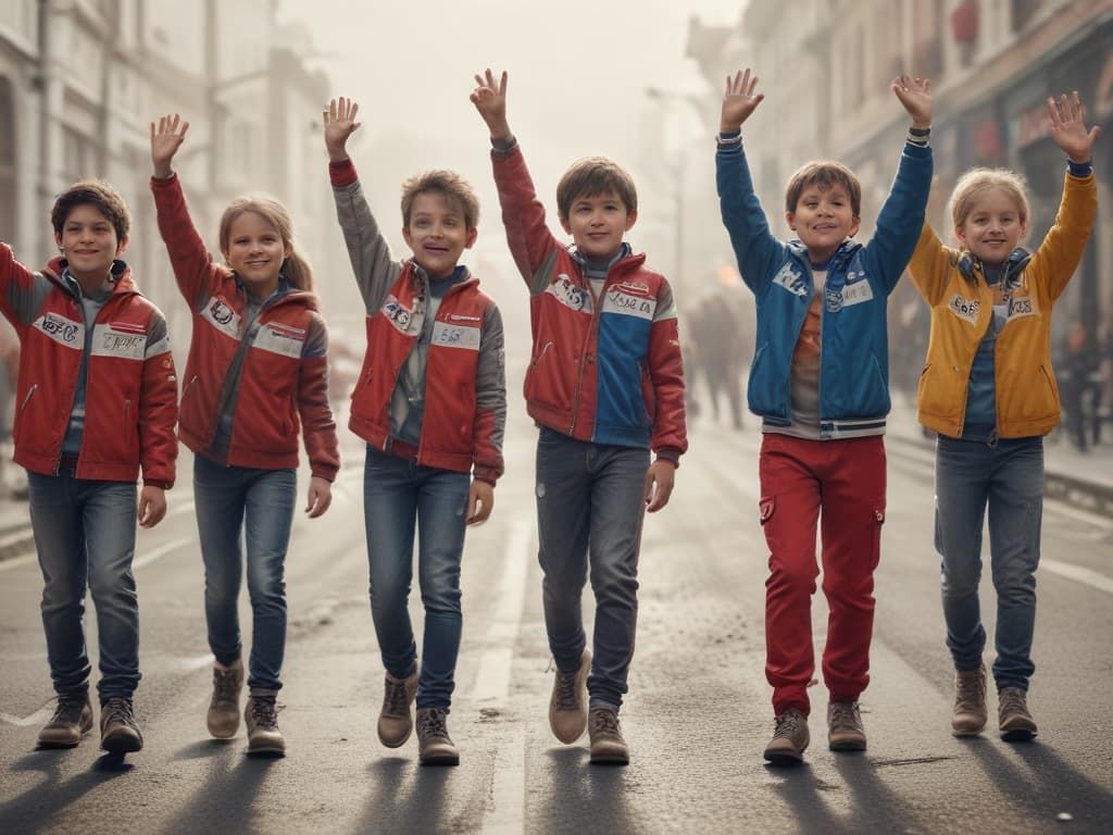 ultra realistic ((ultra realistic ((a group of kids raising their hands to begin a race)))) hyperrealistic, full body, detailed clothing, highly detailed, cinematic lighting, stunningly beautiful, intricate, sharp focus, f/1. 8, 85mm, (centered image composition), (professionally color graded), ((bright soft diffused light)), volumetric fog, trending on instagram, trending on tumblr, HDR 4K, 8K