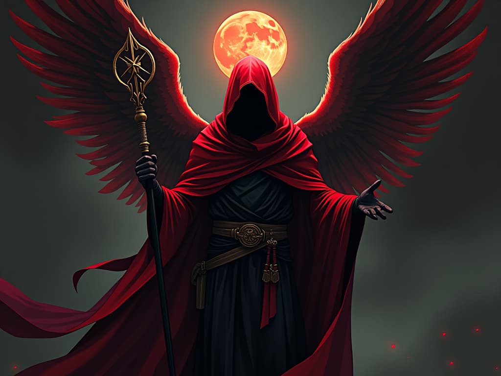  guardian angel in red cloak, holding a protective staff, air of responsibility. the style is digital art illustration / modern comic book / graphic dark novel fantasy and mysterious occult, symbolic, moody lighting, esoteric vibe,high detail on character design. for the color scheme emphasize blacks and reds.