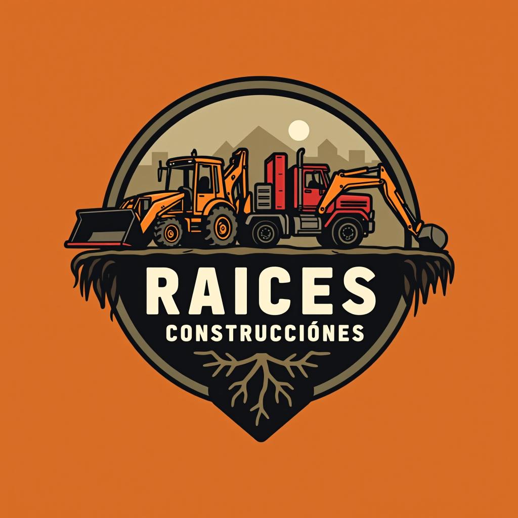  design a logo, make me a logo that says roots constructions in spanish that has roots in the earth but that those roots are streets, with two backhoes and a red truck., with the text 'raices construcciones '.