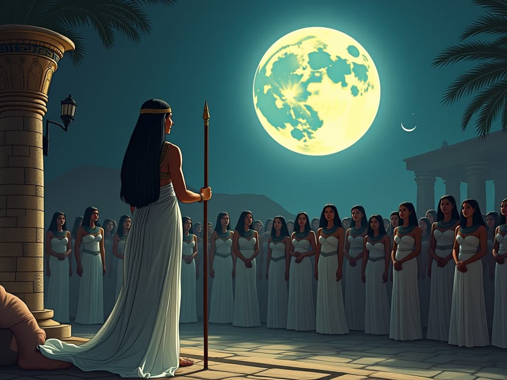  an ancient egyptian storyteller under the full moon, large busted audience in transparent gowns, captivated by tales of transformation, moonlight fostering inspiration. the style is digital art illustration / modern comic book / mysterious occult, symbolic, esoteric vibe,high detail on character design, incorporating ancient egyptian symbology and attire.