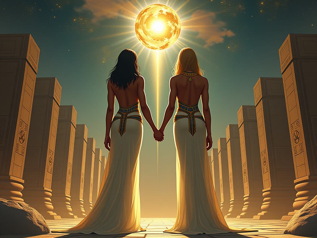  a pair of large busted egyptian women in tight, sheer robes, standing in a stone circle, celestial beams connecting them to the heavens, representing divine communication. the style is digital art illustration / modern comic book / mysterious occult, symbolic, esoteric vibe,high detail on character design, incorporating ancient egyptian symbology and attire.