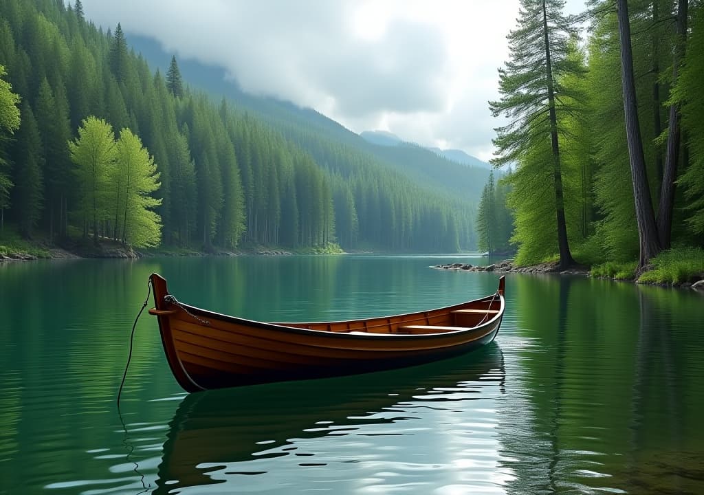  vintage retro wooden fishing boat on green river or lake water surrounded by forest trees nature. summer outdoor tranquil environment