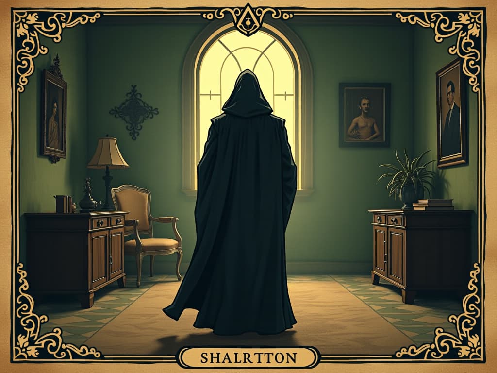  a person standing confidently, in a well maintained room, aura of strength, sense of control, bright and empowering. an illustration in the style of a worn, mystical old tarot trump card, mysterious and elements of surrealism. the colors are muted, somber and eerie, but with contrast bring out an occult and esoteric vibe.