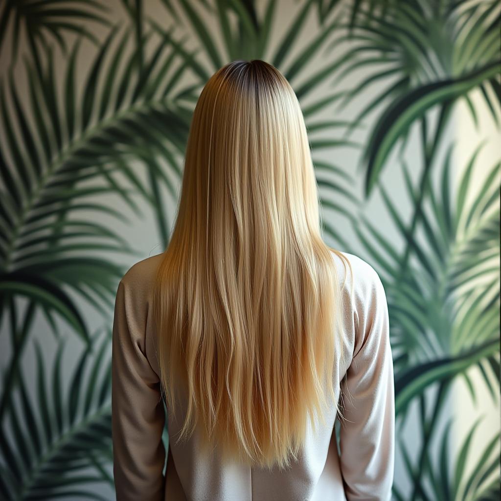  a blonde girl is standing against a wallpaper with palm leaves, showcasing her beautiful shiny hair with her back to the camera. hyperrealistic, full body, detailed clothing, highly detailed, cinematic lighting, stunningly beautiful, intricate, sharp focus, f/1. 8, 85mm, (centered image composition), (professionally color graded), ((bright soft diffused light)), volumetric fog, trending on instagram, trending on tumblr, HDR 4K, 8K