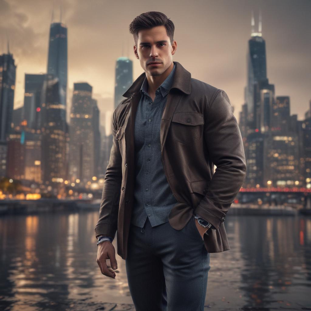 ((masterpiece)),(((best quality))), 8k, high detailed, ultra detailed, A handsome man, (intense gaze), (stylish outfit), (city skyline in the background), confident expression hyperrealistic, full body, detailed clothing, highly detailed, cinematic lighting, stunningly beautiful, intricate, sharp focus, f/1. 8, 85mm, (centered image composition), (professionally color graded), ((bright soft diffused light)), volumetric fog, trending on instagram, trending on tumblr, HDR 4K, 8K