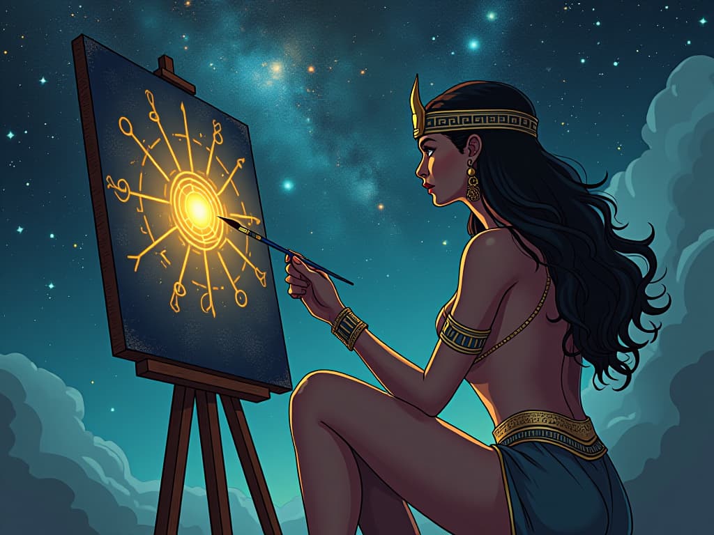  a celestial artist painting the night sky, glowing stars and cosmic symbols, large busted muse in sheer attire, observing the deeper meanings, divine brushstrokes. the style is digital art illustration / modern comic book / mysterious occult, symbolic, esoteric vibe,high detail on character design, incorporating ancient egyptian symbology and attire.