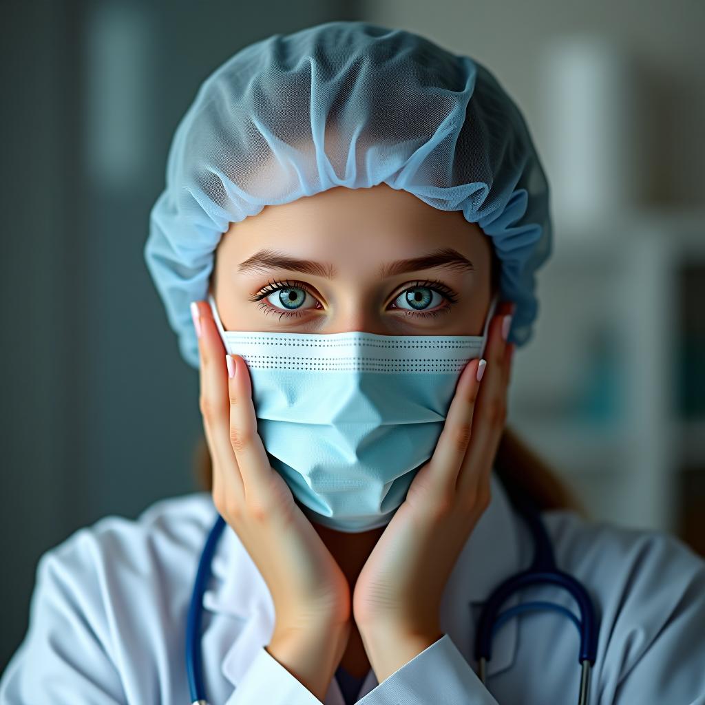  a girl with her head and hands covered, not wearing makeup, works as a doctor.