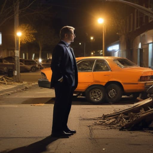 A photo of a car accident attorney deep in contemplation, standing amidst the wreckage of a collision on a dimly lit street during the late hours of the evening, with the orange glow of a flickering street lamp casting long shadows across the debris.