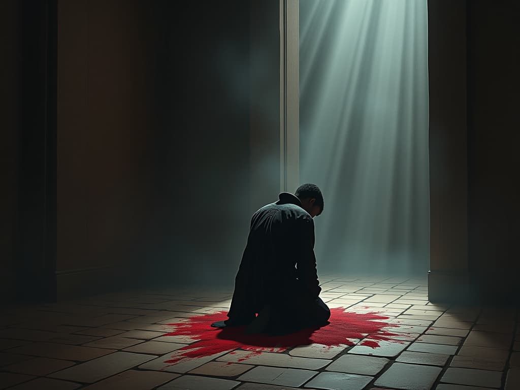  individual kneeling on the floor of a barren room, shadows of past actions looming around them, expression of deep regret, gentle light casting long shadows, mood of humility.. the style is dark fantasy and mysterious occult, symbolic, moody lighting, esoteric vibe,high detail on character design. for the color scheme emphasize blacks and reds.