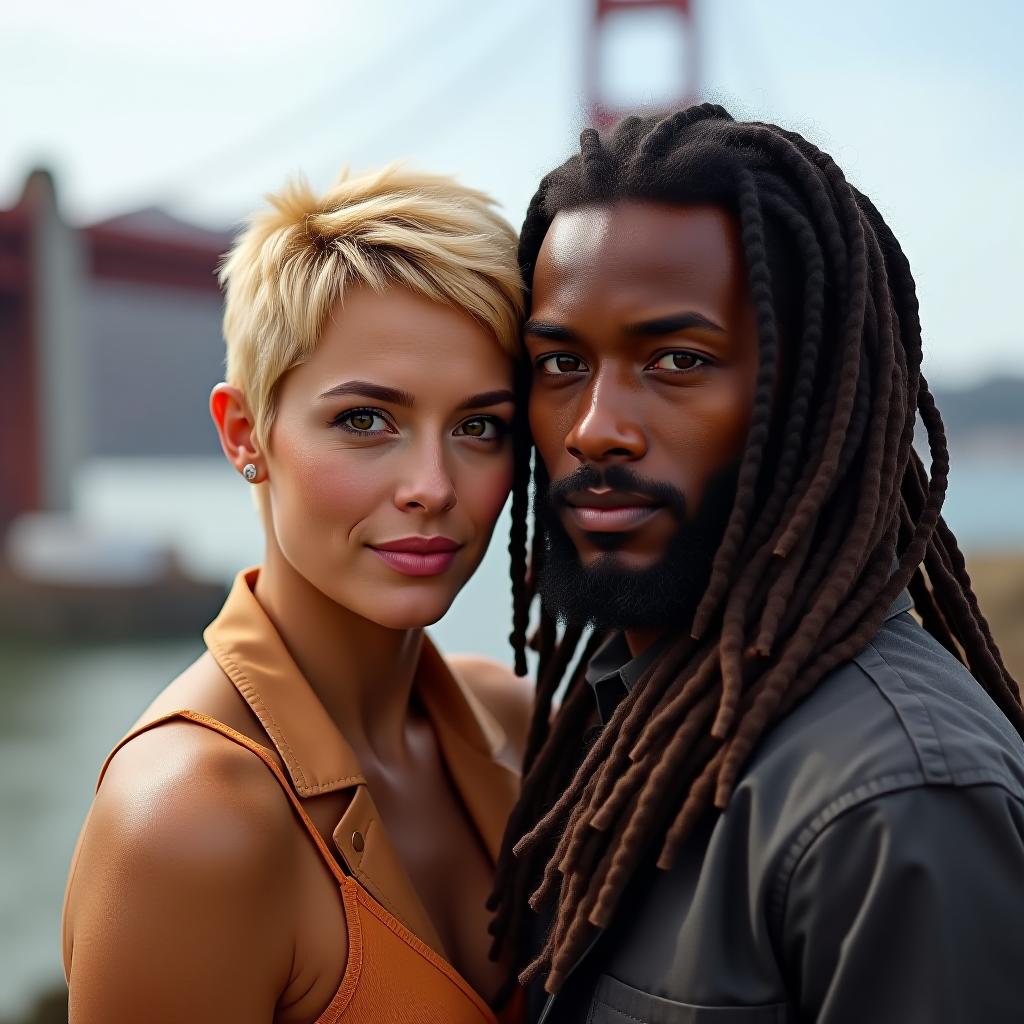  make an image of a short haired honey blonde hair woman with brown eyes and tan olive skin with a african american with long dreads in san francisco, california at the bridge