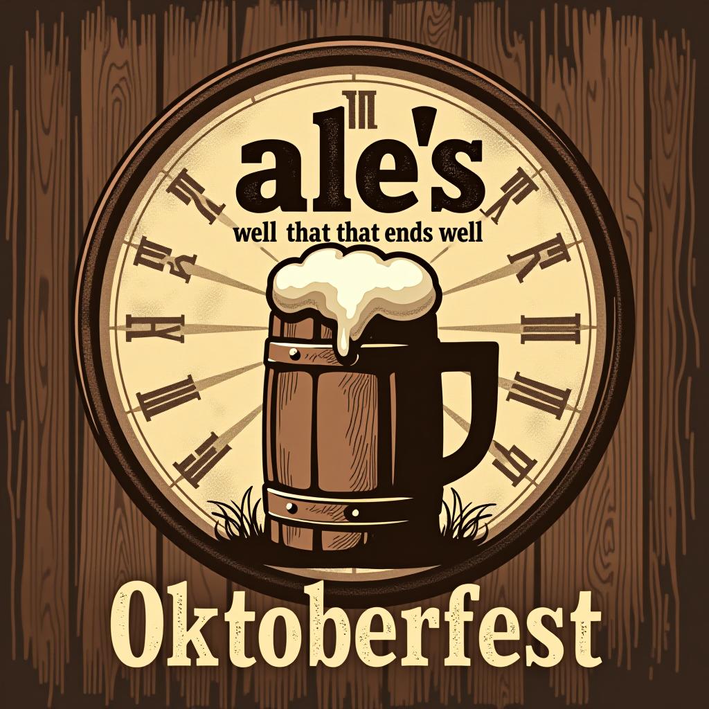  vintage style design with 'ale's well that ends well.' old fashioned beer barrel and rustic texture. place the word oktoberfest at the bottom of the image