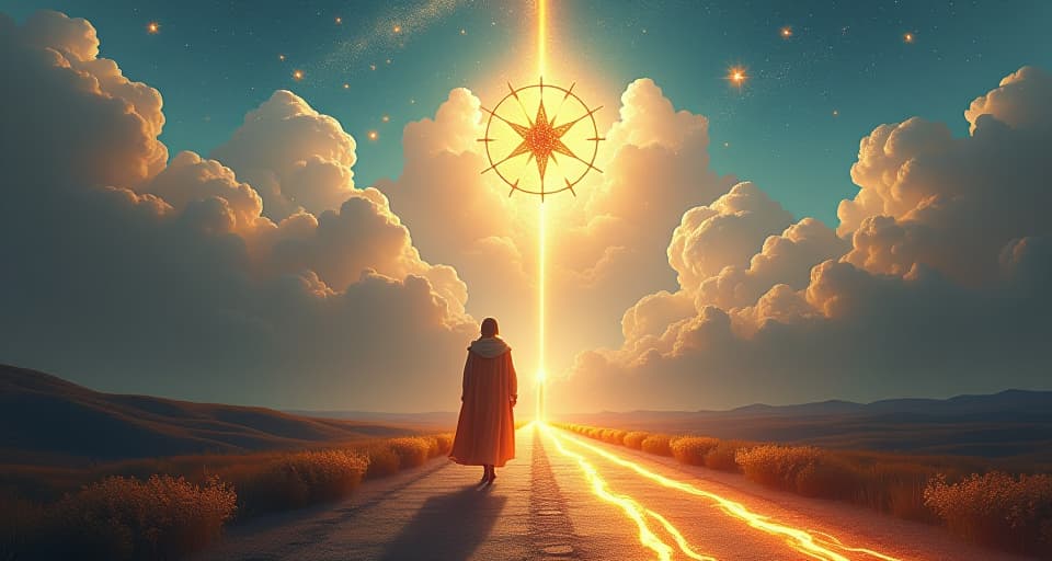  an ethereal figure walking away from a grand cityscape, towards a luminous path lined with celestial symbols. the figure, cloaked in radiant attire, exudes determination. enchanted landscape, bright future, empowered departure.. the style is digital art illustration,highly detailed, whimsical,magical, dreamlike atmosphere, realism and fantasy blend, smooth, glossy textures,luminous quality, wonder and enchantment.