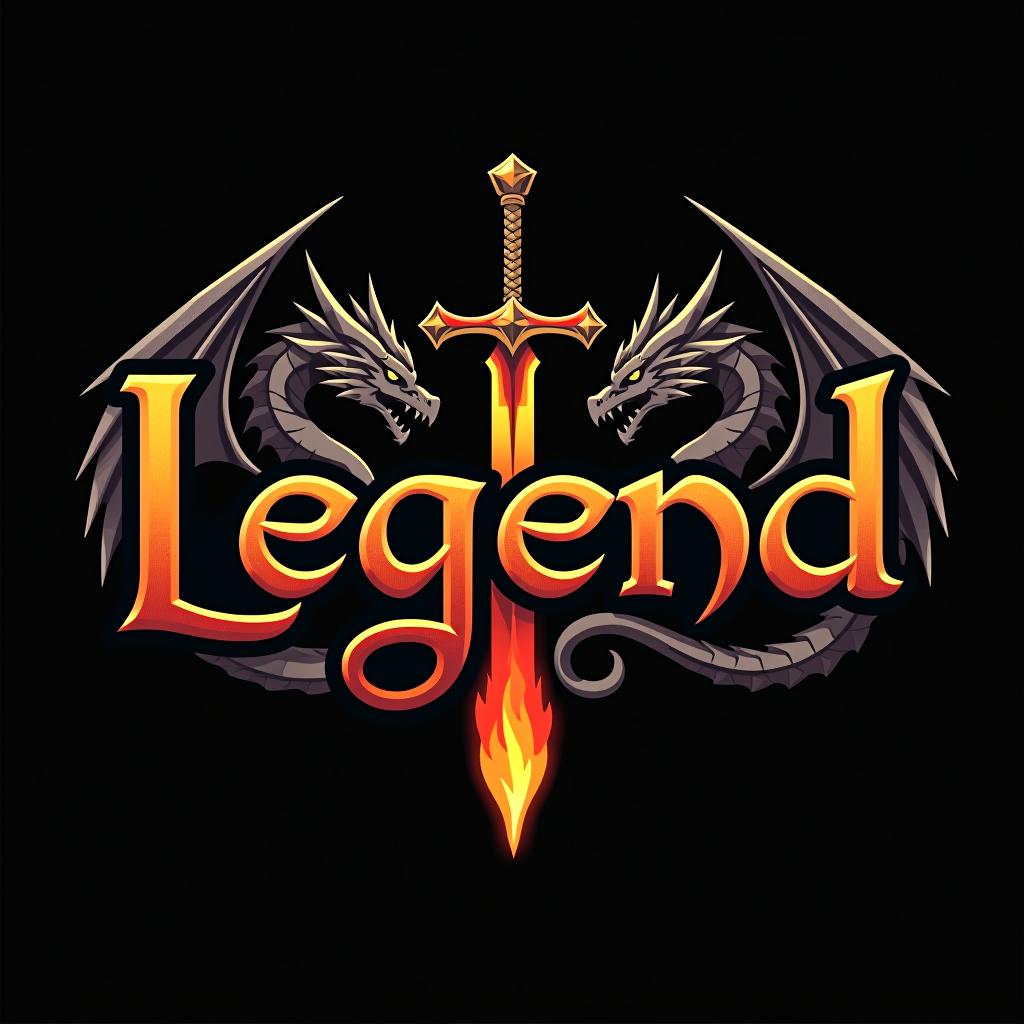  design a logo, custom sticker design on an isolated black background with the words ‘legend’ in bold font decorated by mythical dragons and a flaming sword