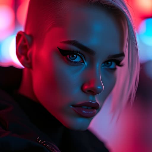  ultra realistic close up portrait ((beautiful pale cyberpunk female with heavy black eyeliner)), blue eyes, shaved side haircut, hyper detail, cinematic lighting, magic neon, dark red city, canon eos r3, nikon, f/1.4, iso 200, 1/160s, 8k, raw, unedited, symmetrical balance, in frame, 8k hyperrealistic, full body, detailed clothing, highly detailed, cinematic lighting, stunningly beautiful, intricate, sharp focus, f/1. 8, 85mm, (centered image composition), (professionally color graded), ((bright soft diffused light)), volumetric fog, trending on instagram, trending on tumblr, HDR 4K, 8K