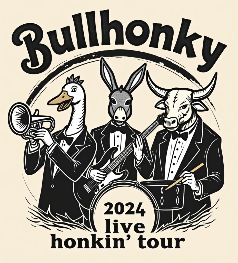  a retro styled, distressed black and white vector style logo for a band. there is a goose playing a trumpet, a donkey playing guitar, and a bull holding drumsticks and playing the drums. they are all wearing tuxedos. the words "bullhonky" above them in a retro typeface, and "2024 live honkin' tour" below in smaller letters