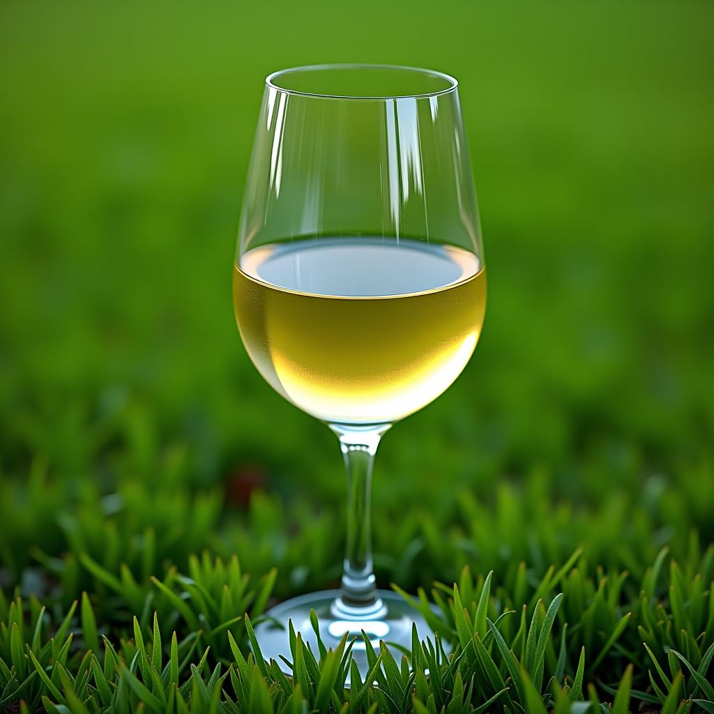  a glass of white wine in a different shape against a background of green grass.