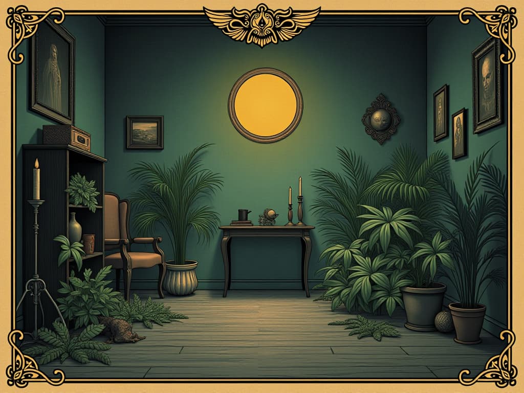  heavy air in a room cluttered with artificial plants, oppressive atmosphere, lifelessness and stillness. an illustration in the style of a worn, mystical old tarot trump card, mysterious and elements of surrealism. the colors are muted, somber and eerie, but with contrast bring out an occult and esoteric vibe.