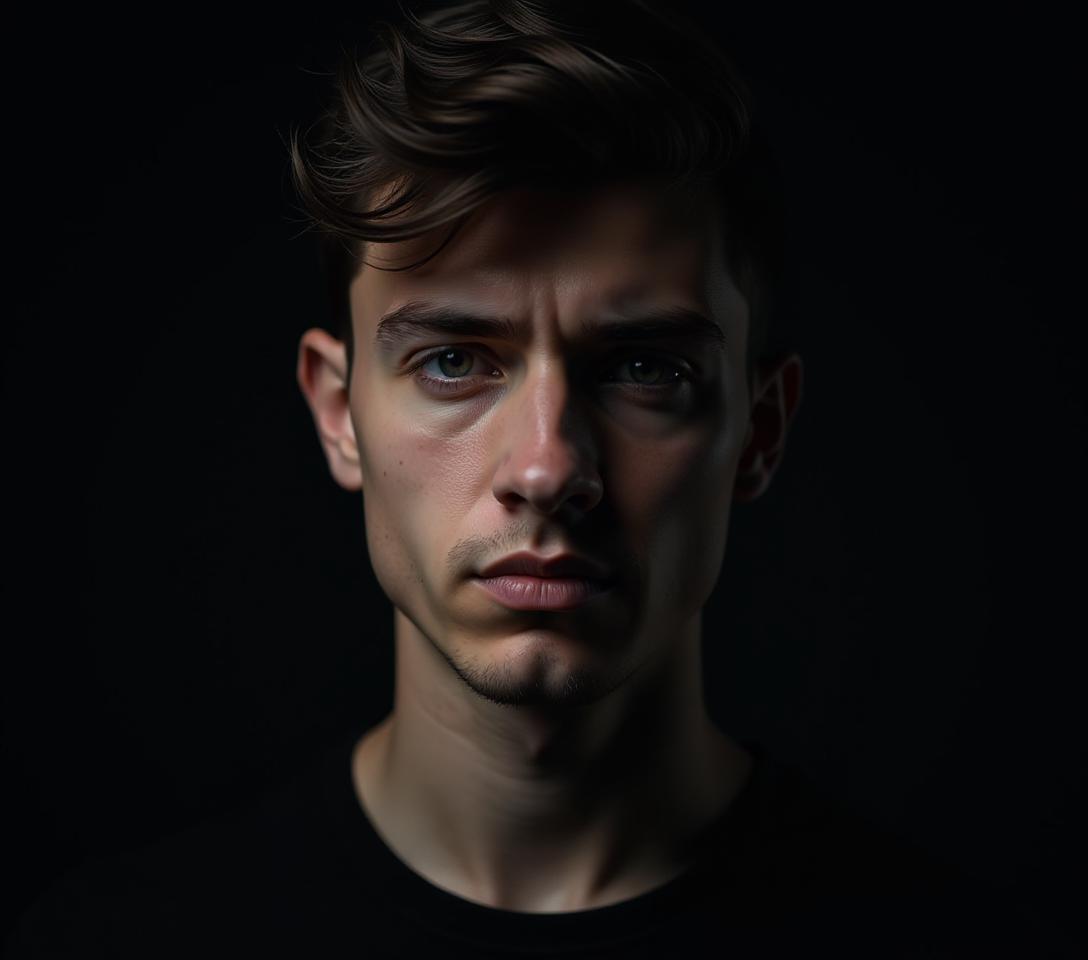  close up portrait of young mysterious man with half face in shadow. he is standing on dark background and expressing thoughtfulness. masculine beauty concept