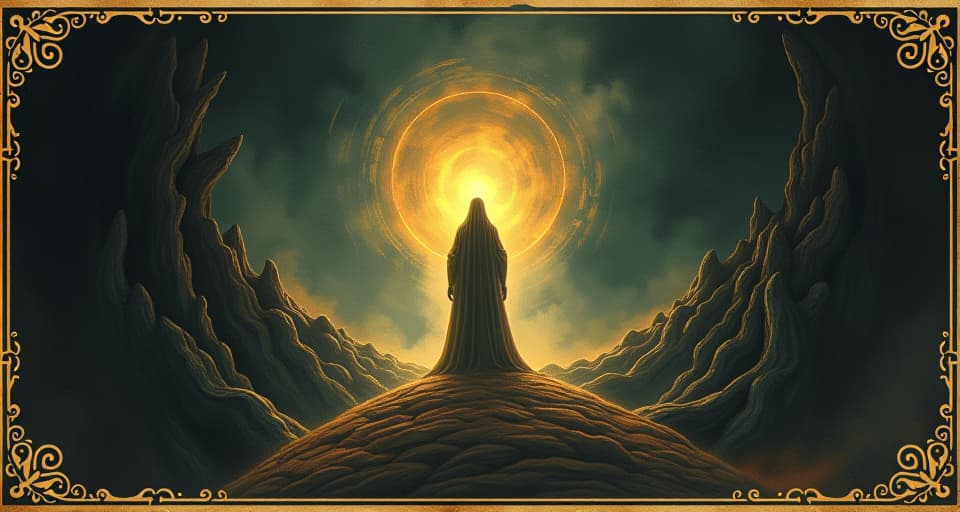  a glowing figure surrounded by encroaching darkness, light prevailing, darkness unable to extinguish, endurance, perseverance. an illustration in the style of a worn, mystical old tarot trump card, mysterious and elements of surrealism. the colors are muted, somber and eerie, but with contrast bring out an occult and esoteric vibe.