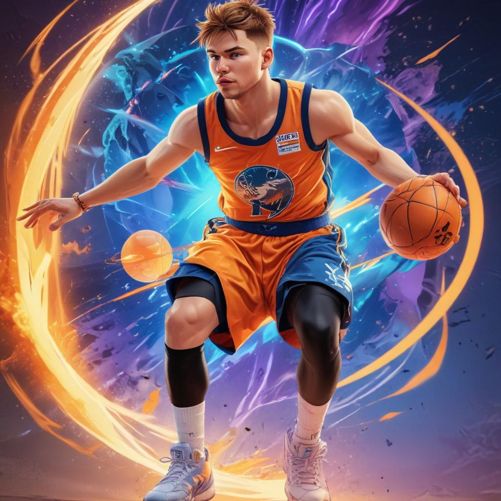 distance-shot, flashy, full-body, dynamic, holographic, animated cartoon poster of luka doncic in the style of dragon ball super