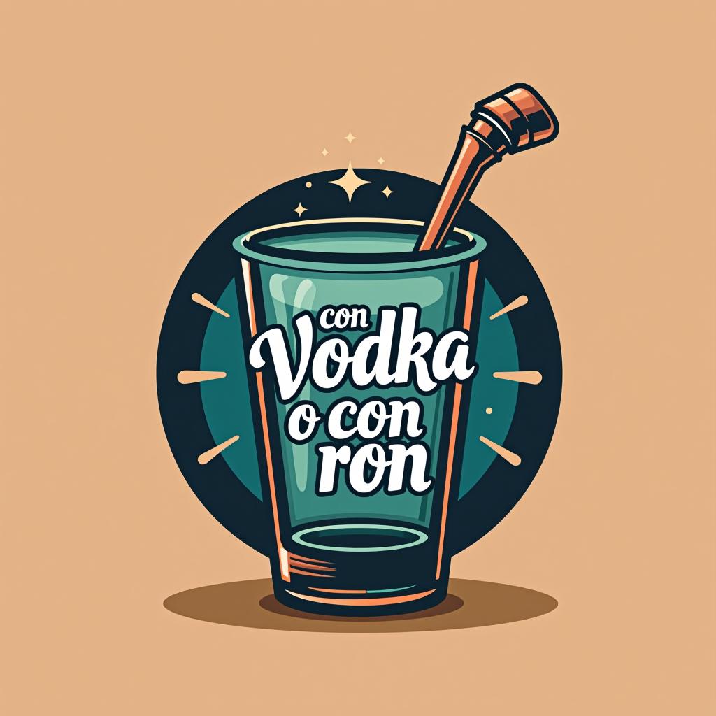  design a logo, un vaso de cubata de fiesta, with the text 'con vodka o con ron'.