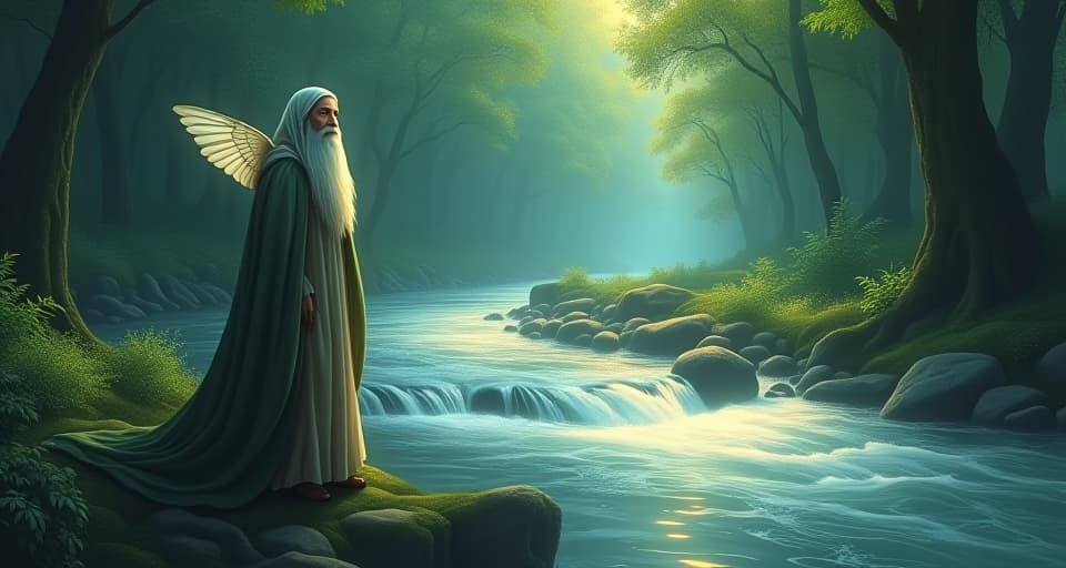  a wise, ethereal sage standing by a flowing river of light in a magical forest, a calm expression on their face. reflecting trust in the process, serene acceptance, tranquil wisdom, peaceful awareness.. the style is digital art illustration,highly detailed, whimsical,magical, dreamlike atmosphere, realism and fantasy blend, smooth, glossy textures,luminous quality, wonder and enchantment.