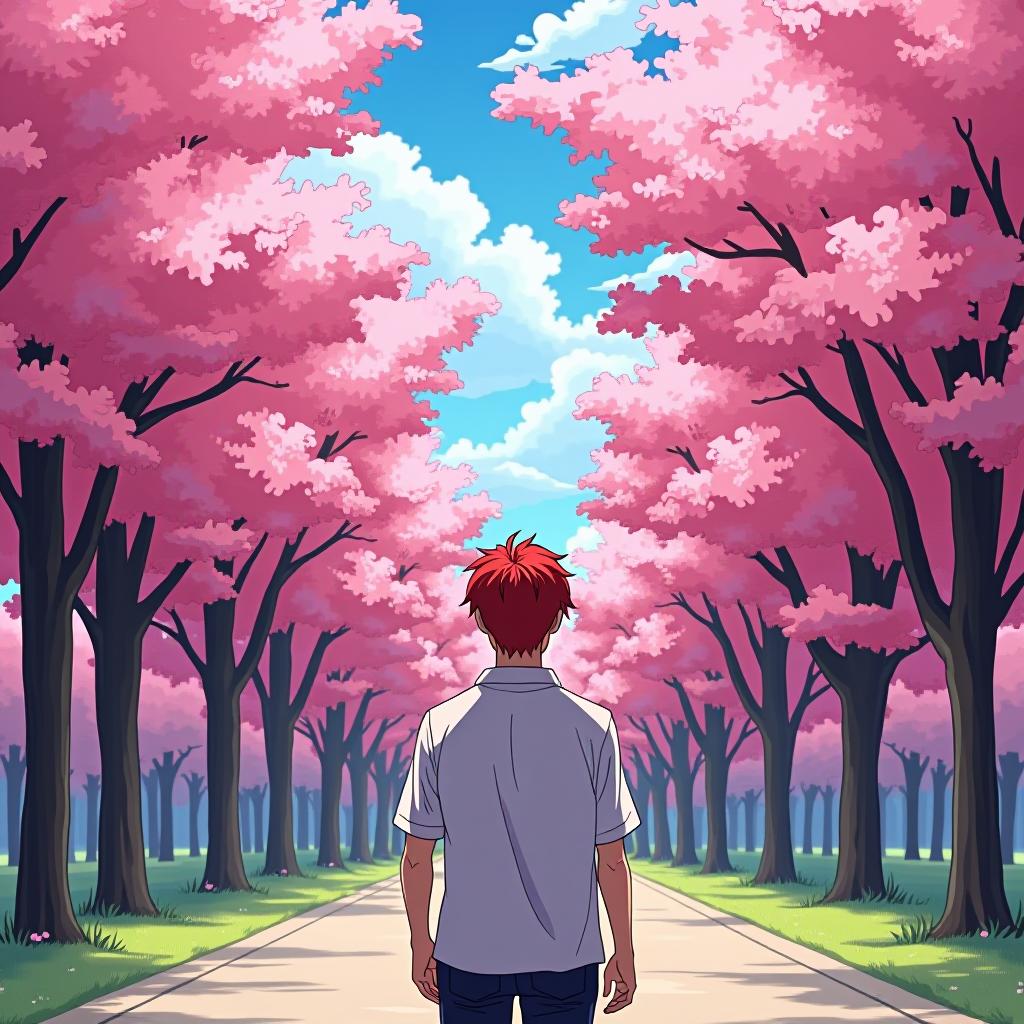  a man with red hair is walking in a park with pink trees. anime style.