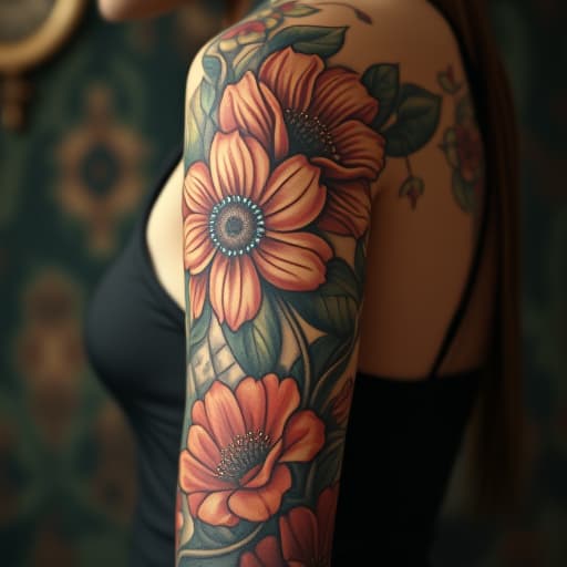  image of a large and colorful flower tattoo on a person's arm. the tattoo should have detailed petals and leaves. the arm should be exposed to showcase the tattoo fully.create an image of a vintage style clothing and tattoo design. the person’s clothing must be included. hyperrealistic, full body, detailed clothing, highly detailed, cinematic lighting, stunningly beautiful, intricate, sharp focus, f/1. 8, 85mm, (centered image composition), (professionally color graded), ((bright soft diffused light)), volumetric fog, trending on instagram, trending on tumblr, HDR 4K, 8K