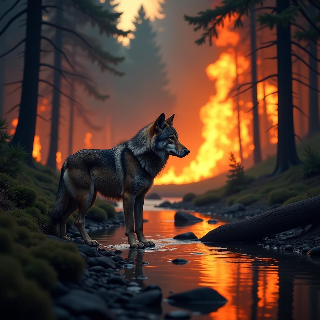  the werewolf stands in the bed of a stream, around a strong forest fire, trees burn, flames to the sky, sparks, professional photos, 4k, high resolution, high detail