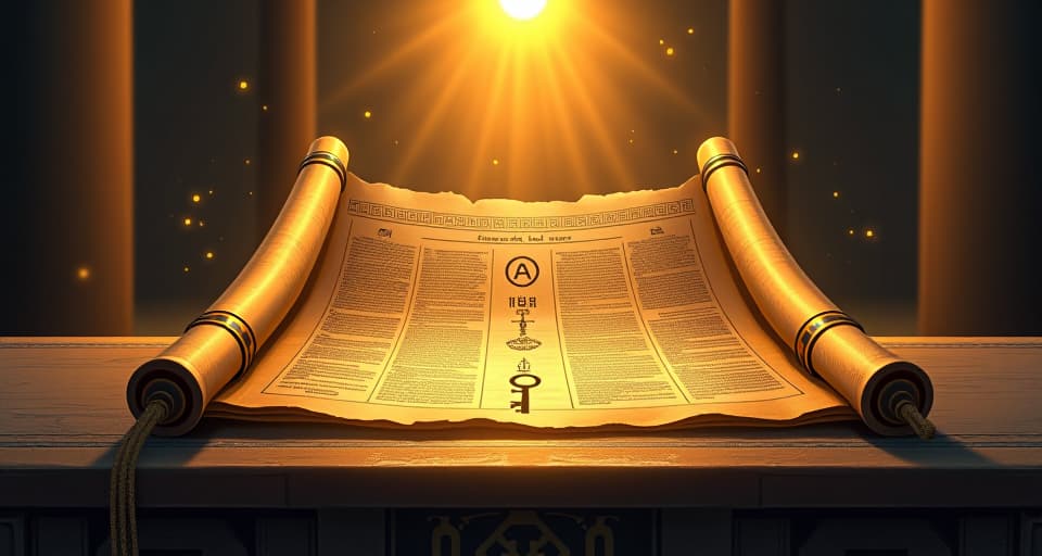  ancient scroll unfurled on an altar, illuminated by a beam of sunlight, hieroglyphs glowing, key symbols scattered, essence of potential. the style is digital art illustration / modern comic book / mysterious occult, symbolic, esoteric vibe,high detail on character design, incorporating ancient egyptian symbology and attire.