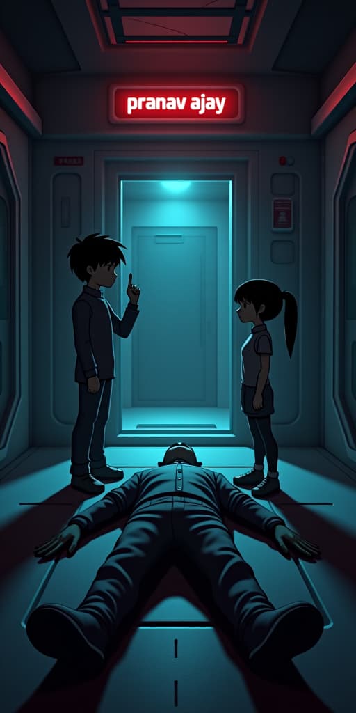  good quality, high quality, among us game in 3d, showing the dead body of 'pranav ajay,' with the name displayed in the game’s font above. a boy character named 'sukuna' is holding a finger to his lips, signaling silence, while a girl character named 'roro' stands close by, both in the typical among us spacesuit style. the scene is set in a dimly lit corridor of the spaceship, with shadows adding a mysterious atmosphere.