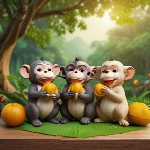 3 happy cute monkeys playing on the table with Thai fruits banana Durian Mango mangosteen Thai style 3D Art toy in Cartoon style with Forests background