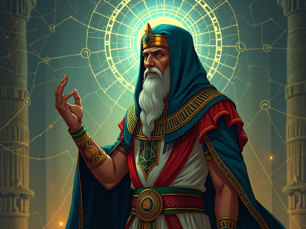  a wise elder in elaborate egyptian garb, seeing the interconnected web of existence, thread by thread, the atmosphere of a grand design. the style is digital art illustration / modern comic book / mysterious occult, symbolic, esoteric vibe,high detail on character design, incorporating ancient egyptian symbology and attire.