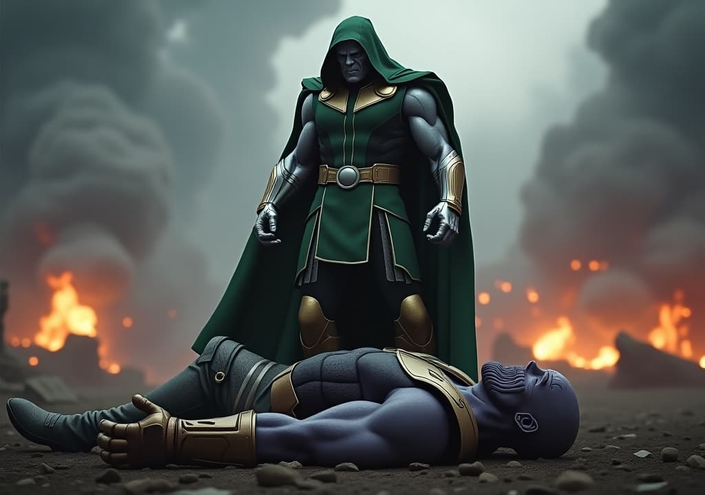  good quality, high quality, a hyper realistic scene depicting doctor doom, with the face of robert downey jr., killing thanos. doctor doom, clad in his iconic green cloak and silver armor, stands tall, his metallic hand gripping the broken body of thanos. thanos' eyes dim as the life drains from him, his infinity gauntlet shattered on the ground. the background reveals a war torn battlefield, with burning debris and dark clouds swirling overhead, highlighting the immense power and finality of doom’s victory.