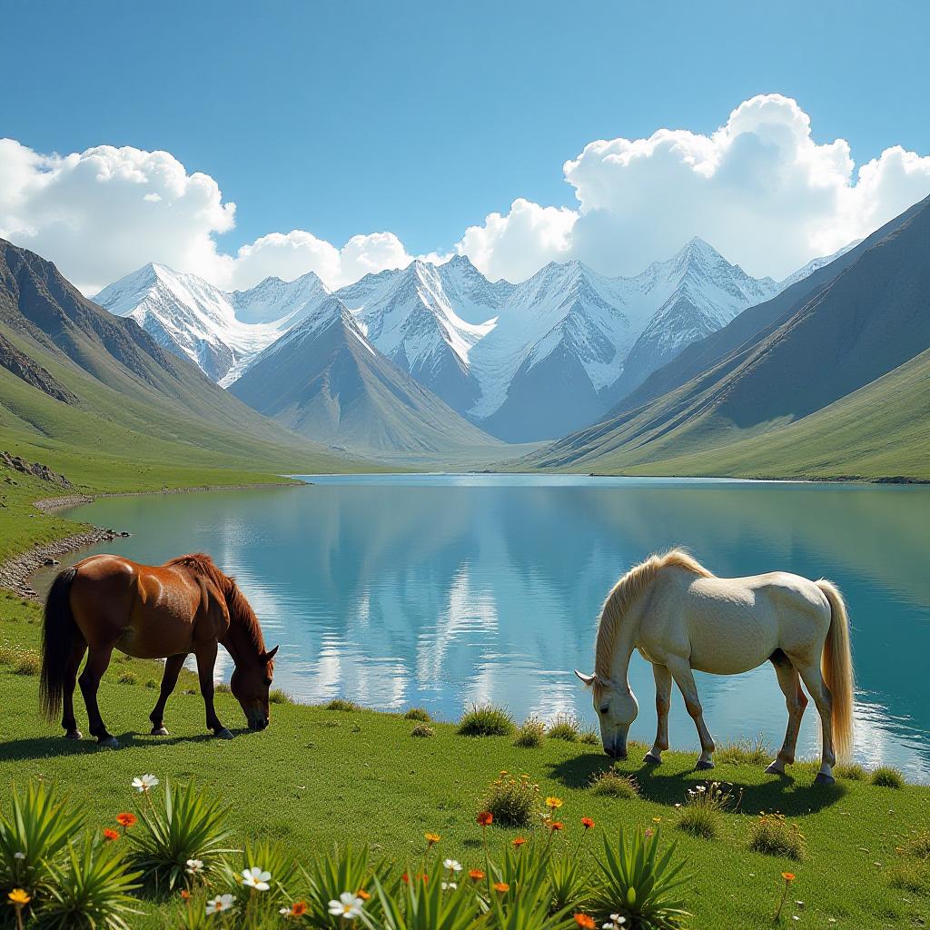  laddakh, in the distance is the rolling snow capped mountains, the sky is blue sky and white clouds, and nearby is a green basin. in the middle of the basin, there is water flowing from the snow capped mountains, which flows into the lake. the lake water is clear to the bottom. there are horses grazing on the grass around the lake. there are wildflowers of various colors on the grass. very beautiful pictures, beautiful, high resolution, beautiful marble mosque hyperrealistic, full body, detailed clothing, highly detailed, cinematic lighting, stunningly beautiful, intricate, sharp focus, f/1. 8, 85mm, (centered image composition), (professionally color graded), ((bright soft diffused light)), volumetric fog, trending on instagram, trending on tumblr, HDR 4K, 8K